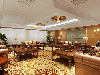 Luxurious Office Lounge Interior With Leather Sofas Wooden Coffee Tables Green Plants And Chandeliers 3d model