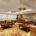 Luxurious Office Lounge Interior With Leather Sofas Wooden Coffee Tables Green Plants And Chandeliers
