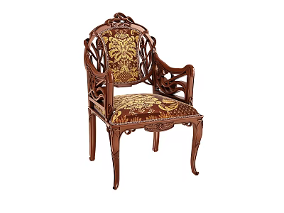 Traditional Carved Wooden Armchair With Gold Patterned Upholstery And Ornate Frame 3d model