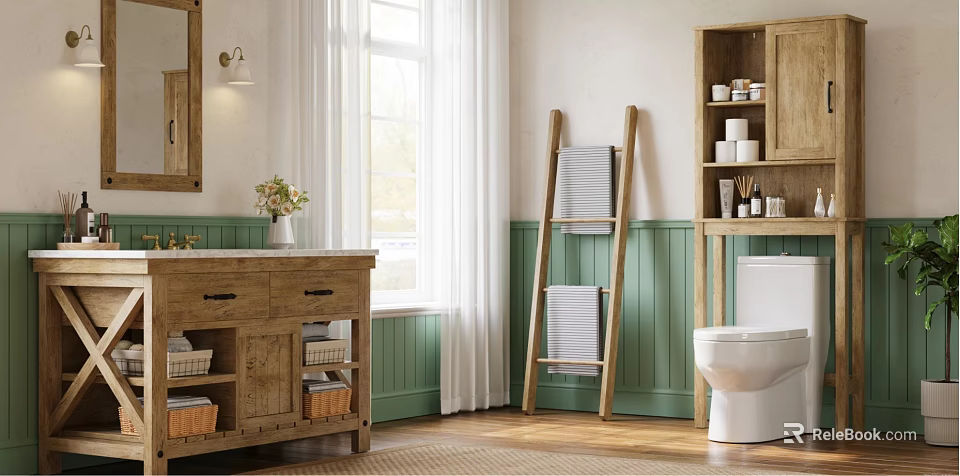 Rustic Bathroom Interior With Wooden Vanity Green Wainscoting And Ladder Towel Rack 3d model 