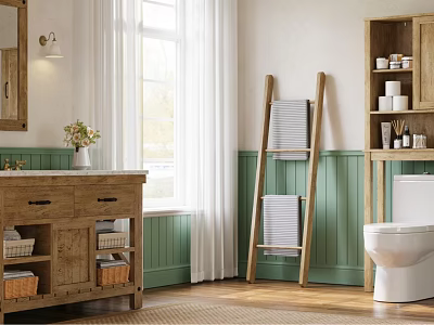 Rustic Bathroom Interior With Wooden Vanity Green Wainscoting And Ladder Towel Rack 3d model