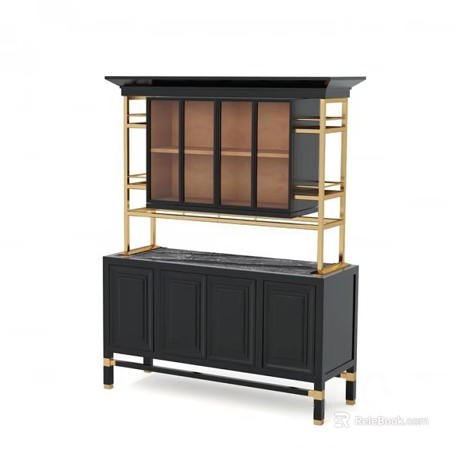 Elegant Modern Black Sideboard With Golden Frame Lower Cabinet And Upper Display Shelves 3d model 