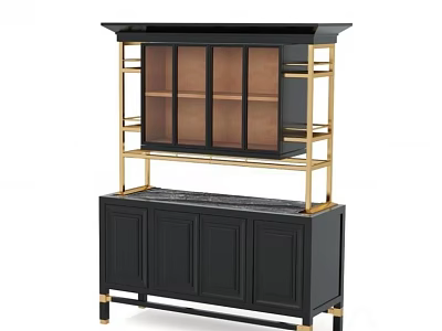 Elegant Modern Black Sideboard With Golden Frame Lower Cabinet And Upper Display Shelves 3d model