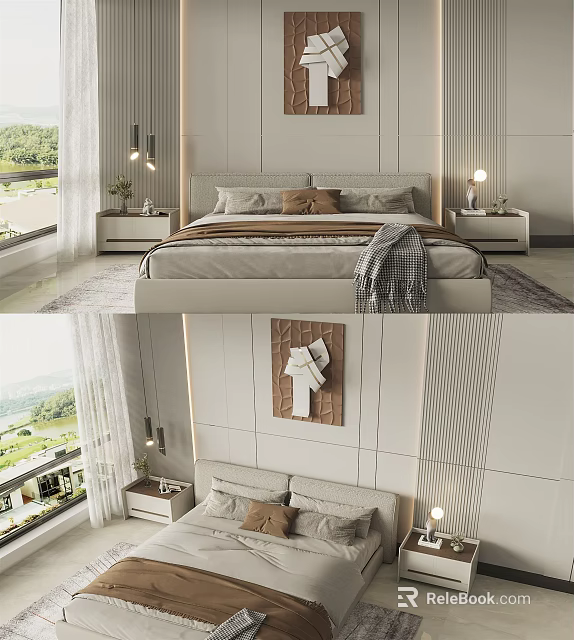 Elegant Modern Bedroom Interior With Double Bed Nightstands Table Lamps Wall Art And Scenic View 3d model 