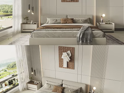 Elegant Modern Bedroom Interior With Double Bed Nightstands Table Lamps Wall Art And Scenic View 3d model
