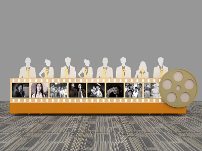 Launch Device Exhibition With Human Silhouettes Orange Stand Film Reel And Black White 3d model