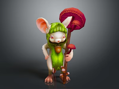 Anthropomorphic Mouse Character In Green Leaf Outfit Holding Red Mushroom Staff With Small Mushrooms 3d model
