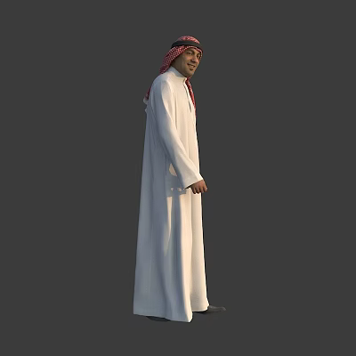 Arab Man In White Traditional Robe With Red Headscarf Standing Against Grey Background 3d model