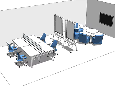 Modern Partitioned Office Desk With Blue Chairs Whiteboard Easels And TV 3d model