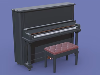Black Upright Piano Musical Instrument With Red Cushioned Stool On Blue Background 3d model