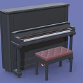 Black Upright Piano Musical Instrument With Red Cushioned Stool On Blue Background