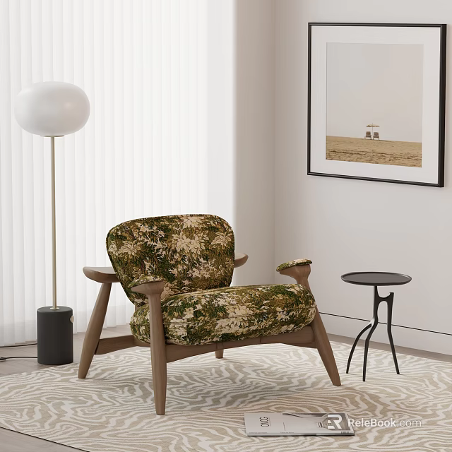 Camouflage Velvet Single Sofa With Wooden Armrests Small Round Side Table In Modern Living Room 3d model 