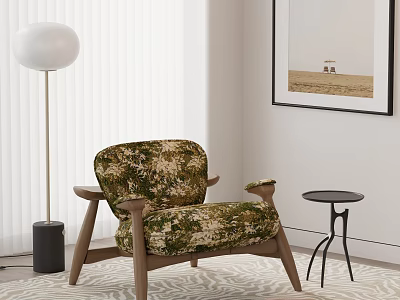 Camouflage Velvet Single Sofa With Wooden Armrests Small Round Side Table In Modern Living Room 3d model
