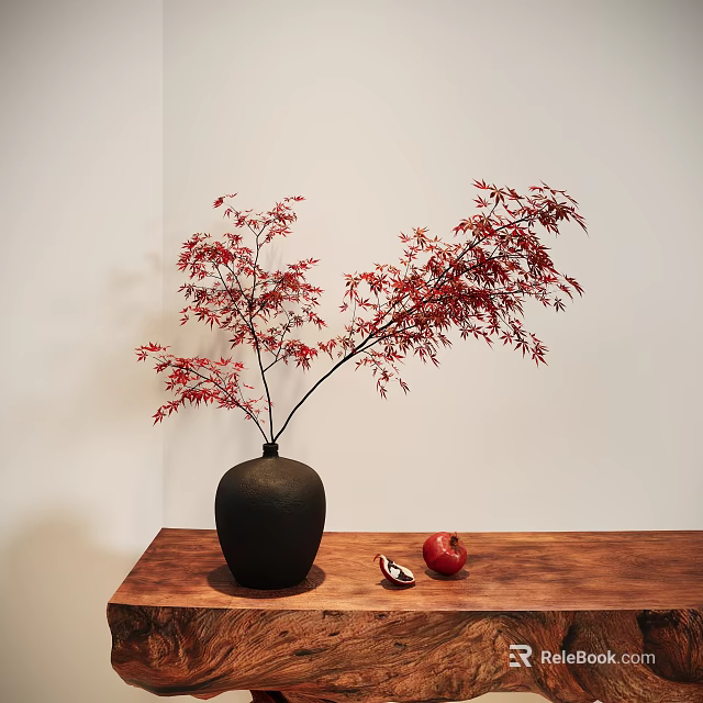 Black Ceramic Vase With Red Maple Branches On Wooden Table And Sliced Pomegranate White Wall 3d model 
