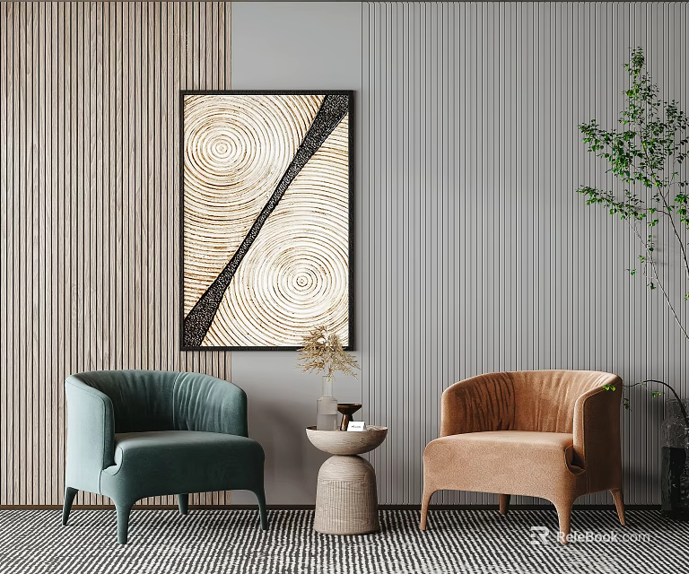 Casual Sofa Set with Teal Brown Chairs Small Round Table Abstract Painting and Striped Wall 3d model 