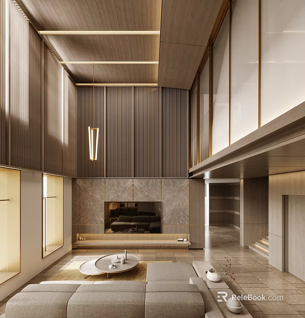 Modern Duplex Living Room With High Ceiling Wooden Panels And Marble TV Backdrop 3d model 