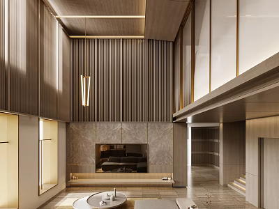 Modern Duplex Living Room With High Ceiling Wooden Panels And Marble TV Backdrop 3d model