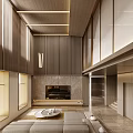 Modern Duplex Living Room With High Ceiling Wooden Panels And Marble TV Backdrop