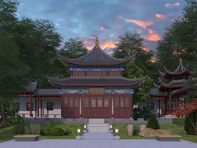Ancient Chinese Architecture Traditional Courtyard Design With Red Doors Tiered Roofs Trees And Sunset Sky 3d model