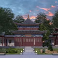 Ancient Chinese Architecture Traditional Courtyard Design With Red Doors Tiered Roofs Trees And Sunset Sky