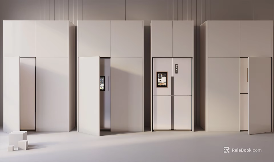 White Modern Refrigerators With Double Door And Open Door Design In Showroom 3d model 