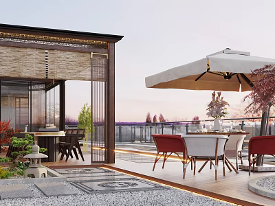 Villa Balcony Outdoor Living Space With Dining Set Umbrella Plants And Scenic View 3d model