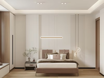 Modern Bedroom Interior Design With Comfortable Bed Nightstand Pendant Lights And Wooden Floor 3d model