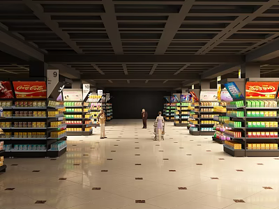 Spacious Supermarket Interior With Well Organized Shelves And Shoppers Choosing Products 3d model