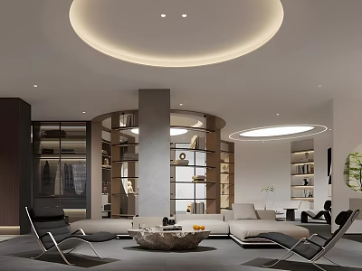 Modern Boutique Store Interior With Circular Ceiling Display Shelves Sofa And Chairs 3d model