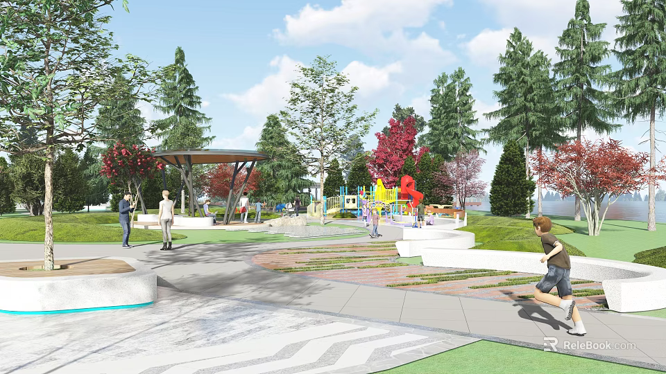 Waterfront Landscape Design With Green Lawns Walking Paths And Playground Areas 3d model 