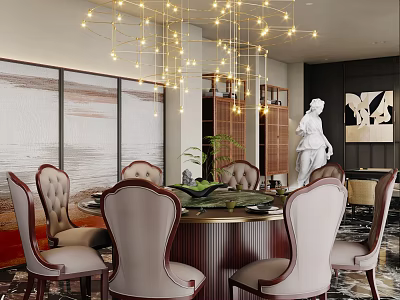 Sophisticated Restaurant Interior Featuring Round Dining Table Upholstered Chairs Golden Chandelier Wall Art And Statue 3d model