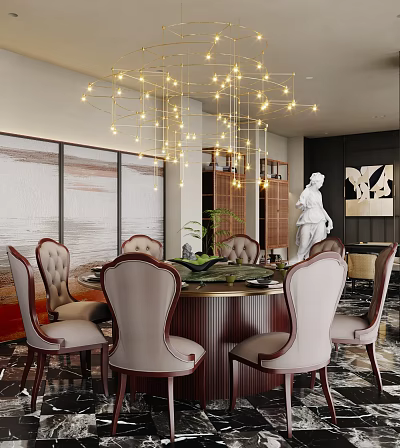 Sophisticated Restaurant Interior Featuring Round Dining Table Upholstered Chairs Golden Chandelier Wall Art And Statue 3d model