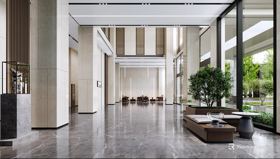 Modern Front Desk Reception Lobby Featuring Marble Flooring Large Windows Green Plant And Sofa 3d model