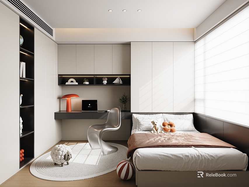 Modern Tatami Bedroom Interior With Desk Chair Bookshelf And Window Blinds 3d model 