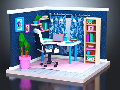 Cartoon Room Interior With Writing Desk Laptop Office Chair Bookshelf And Potted Plants 3d model