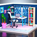 Cartoon Room Interior With Writing Desk Laptop Office Chair Bookshelf And Potted Plants
