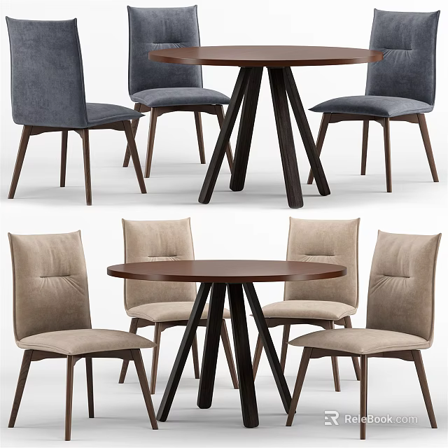 Modern Round Dining Table Set With Navy Blue And Beige Upholstered Chairs 3d model 