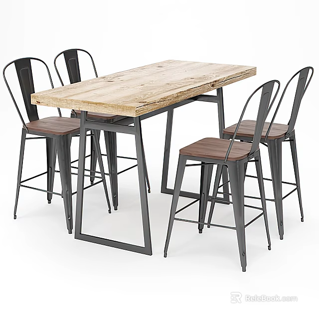 Rustic Wooden Dining Table Set With Metal Frame And Four High Chairs 3d model 
