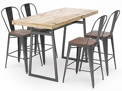 Rustic Wooden Dining Table Set With Metal Frame And Four High Chairs 3d model