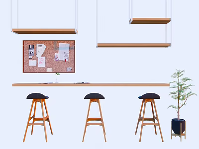 Modern Bar Counter With Wooden Stools Hanging Pendant Lights And Corkboard Wall Plant 3d model
