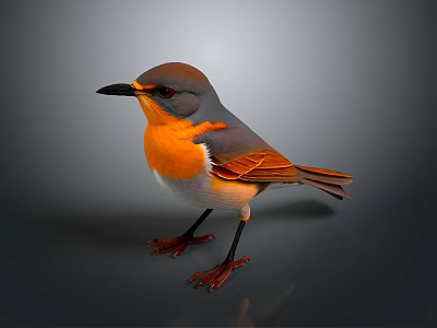 Colorful Bird With Orange Chest Grey Head Brown Wings White Belly Standing On Grey Background 3d model