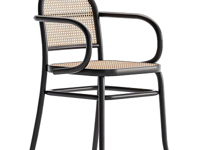 Stylish Modern Leisure Chair With Rattan Weave Seat Backrest And Black Metal Armrest Frame 3d model