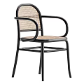 Stylish Modern Leisure Chair With Rattan Weave Seat Backrest And Black Metal Armrest Frame