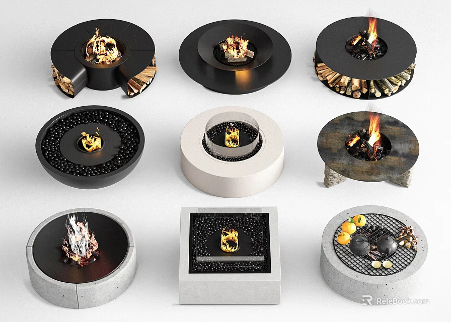 Modern Fireplace Designs With Round Square Shapes Burning Flames And Decorative Elements 3d model 