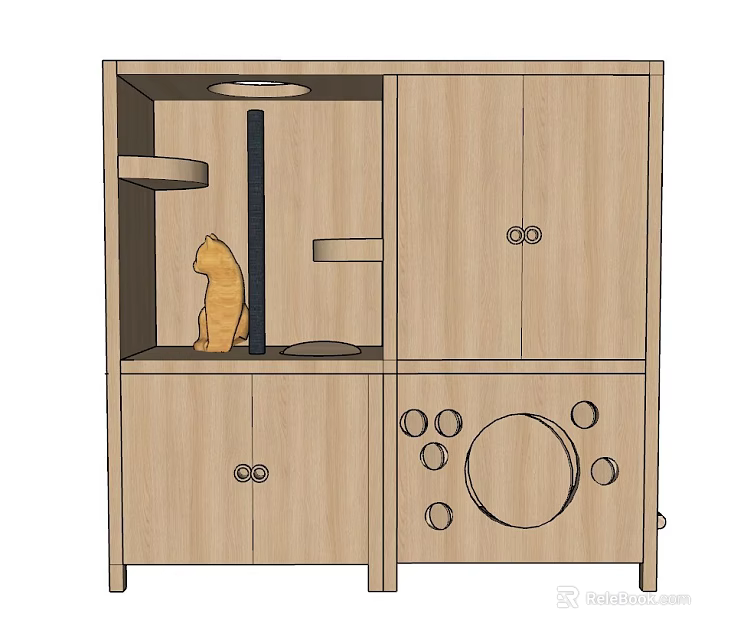 Wooden Garden Ornament Cabinet With Cat Figurine And Circular Holes Design 3d model 