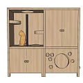 Wooden Garden Ornament Cabinet With Cat Figurine And Circular Holes Design
