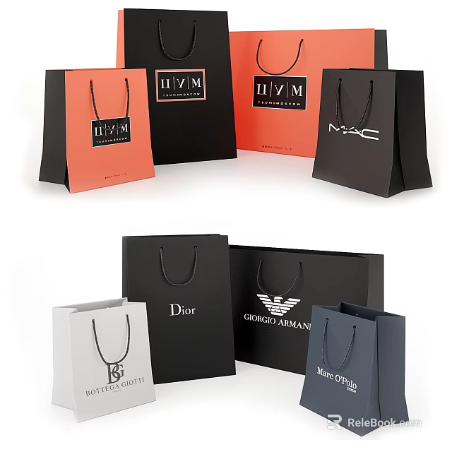 Luxury Brand Shopping Bags With Stylish Design In Black Orange White Blue Colors 3d model 