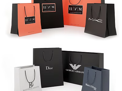Luxury Brand Shopping Bags With Stylish Design In Black Orange White Blue Colors 3d model