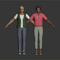 Man In Pink Shirt And Beige Pants Standing With Woman Arms Outstretched On White Background