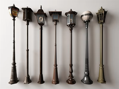 Outdoor Lights Collection Featuring Various Vintage And Modern Decorative Lamp Posts 3d model